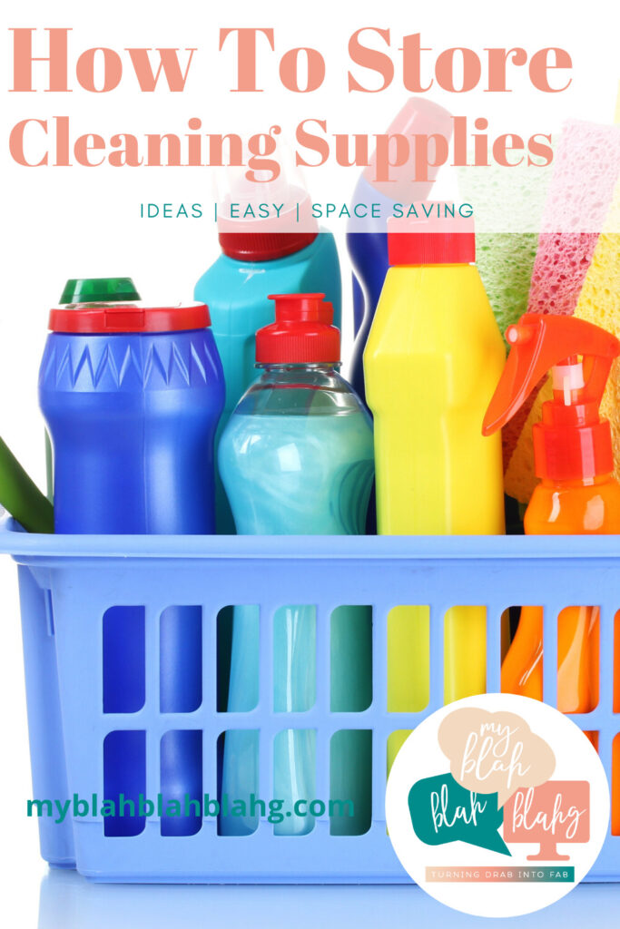 Cleaning supplies in plastic bin